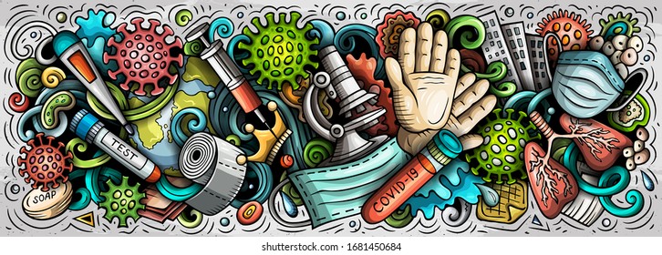 Coronavirus hand drawn cartoon doodles illustration. Quarantine objects and elements poster design. Creative art background. Colorful vector banner