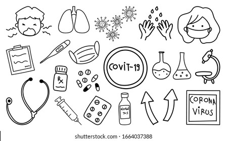 Colección de doodle dibujada a mano por Coronavirus. Icono de Atención de Salud, Corona Virus Disease (COVID-19) elemento de diseño infográfico ilustración vectorial.