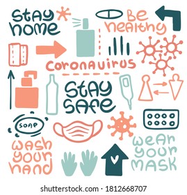 Conjunto de doodle dibujado a mano por Coronavirus