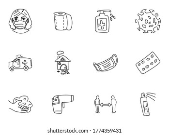 coronavirus hand drawn doodles isolated on white background. 2019-ncov coronavirus doodle icons for web and ui design, mobile apps and print products