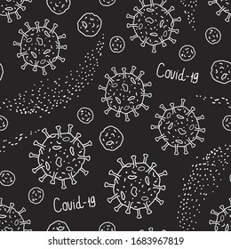 Coronavirus hand drawn griffonage. Flu virus texture. Seamless pattern white line doodle isolated on black background. Vector surafce design