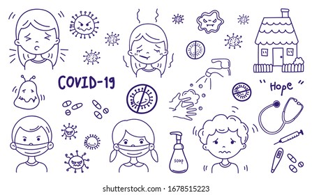 Iconos dibujados a mano por Coronavirus, colección de doodle Cute de atención médica. Icono de Atención de Salud, Corona Virus Disease (COVID-19) elemento de diseño infográfico ilustración vectorial.