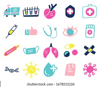 Coronavirus hand drawn icons, Cute health care doodle collection. Health Care icon set, Corona Virus Disease (COVID-19) infographic design element vector illustration.