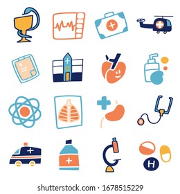 Coronavirus hand drawn icons, Cute health care doodle collection. Health Care icon set, Corona Virus Disease (COVID-19) infographic design element vector illustration.