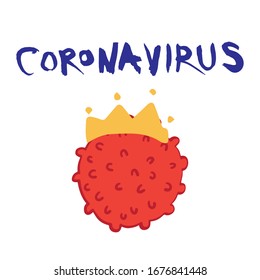 Coronavirus hand drawn lettering 2019-nC0V Outbreak. Stop pandemic COVID-19 microbe. The virus attacks the respiratory tract, infections medical health risk. Alert concept. Flat simple cartoon style