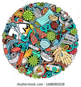 Coronavirus hand drawn vector doodles illustration. Round design. Many elements and objects cartoon background. Colorful picture. All items are separated