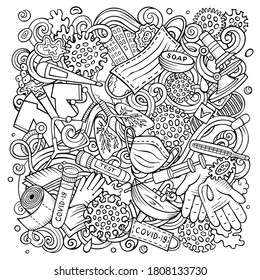 Coronavirus hand drawn vector doodles illustration. Many elements and objects cartoon background. Colorful picture. All items are separated