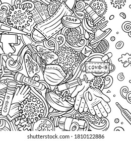 Coronavirus handgezeichnet Vektordoodles Rand. Viele Elemente und Objekte Cartoon Rahmen. Sketchy Illustration. Alle Artikel sind getrennt