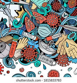 Coronavirus hand drawn vector doodles border. Many elements and objects cartoon frame. Colorful illustration. All items are separated
