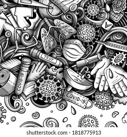 Borde de doodles vectoriales dibujados a mano por Coronavirus. Numerosos elementos y objetos de dibujos animados. Ilustración monocroma. Todos los elementos están separados
