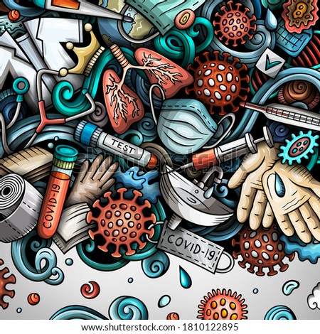 Coronavirus hand drawn vector doodles border. Many elements and objects cartoon frame. Colorful illustration. All items are separated