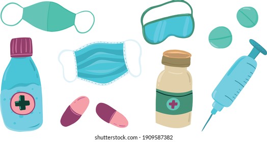 Coronavirus hand drawn vector sticker set. Trendy flat medical elements: virus, pills, medicine, syringe, vaccine, disinfection, hand washing, soap, ampoule, protectin mask, ffp2. Lettering covid-19