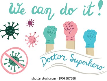 Coronavirus hand drawn vector sticker set. Trendy flat medical elements: virus, pills, medicine, syringe, vaccine, disinfection, hand washing, soap, ampoule, protectin mask, ffp2. Lettering covid-19