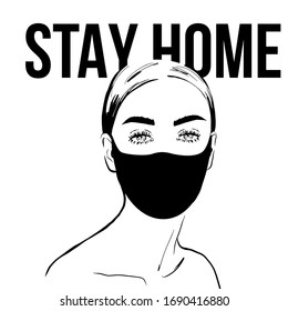 Coronavirus. Hand drawn woman in black mask. Glamour portrait of a beautiful model girl with blond hair. Stay home.