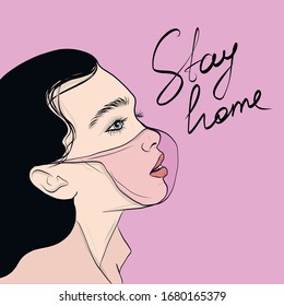 Coronavirus. Hand drawn woman in mask. Glamour portrait of a model girl. Stay home.  