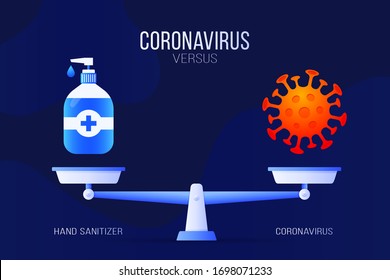 Coronavirus or hand sanitizer vector illustration. Creative concept of scales and versus, On one side of the scale lies a virus covid-19 and on the other sanitizer icon. Flat vector illustration.