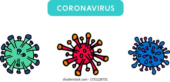 Coronavirus handdrawn icons, symbols vector illustration. Multiple Covid-19 bactery vector illustration.