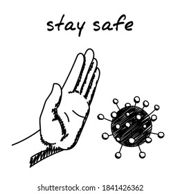 Coronavirus handdrawn illustration. Cartoon vector clip art of a covid-19 bacteria and human hand stopping it. Black and white sketch of a pandemic safety, health, protection, coronavirus quarantine