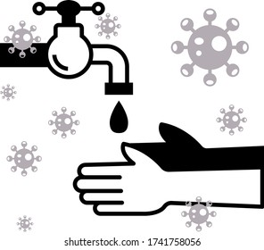 coronavirus Hand-washing concept, Prevention of Coronavirus Disease 2019 (COVID-19) vector icon, hand washing faucet design, Personal hygiene on white background,  