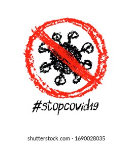 Coronavirus hashtag hand drawing icon. Red prohibit freehand sign. No covid-19, stop coronavirus. Dangerous pandemic isolated vector banner catchy flashy poster.