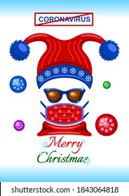 Coronavirus, headdress, sunglasses and medical mask isolated on a white background. Flat cartoon design vector, illustration. 