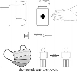 coronavirus health measures. visor, syringe, mask, disinfectant and hand washing. covid-19 vector health icons.