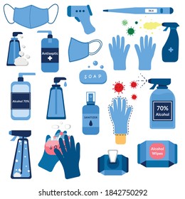 Coronavirus for healthcare design. Epidemic outbreak prevention. Corona virus protection. Pandemic, disease. Pneumonia disease. Hand disinfectant. Infection pneumonia prevention healthcare.