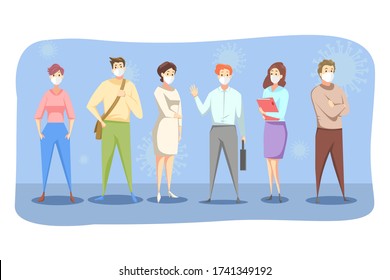 Coronavirus, healthcare, infection, protection concept. People men women in medical face masks stand together. Protection from virus or air pollution smog vapor and pollutant gas emission illustration