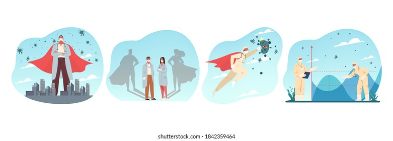 Coronavirus, healthcare, protection, medicine, superhero, social distance set concept