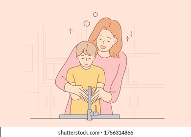 Coronavirus, healthcare, training, motherhood, childhood concept. Young woman mother child kid son washing hands together. Protection and preventive measures from covid19 infection and mothers day.