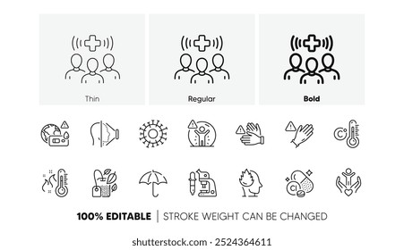 Coronavirus, termómetro alto e iconos de línea de identificación facial. Paquete de paraguas, termómetro Celsius, uso de guantes icono. Mineral de cloro, prueba de Covid, pictograma de microscopio. Voluntario, no toques. Vector