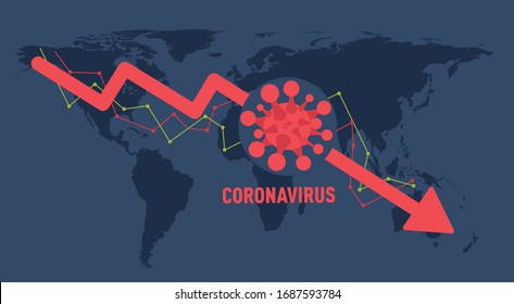 Coronavirus hits the market. Shares fall down. Economic fallout. Global economic crises. Vector illustration