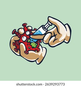 Coronavirus hold by hand and killed by vaccine inside syringe. Covide-19 detailed vector illustration cartoon style.