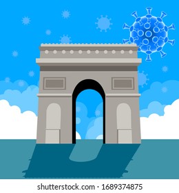 Coronavirus Hologram on Arc de Triomphe Paris.Koronavirus-Ausbruch. Koronavirus-Gefahr und Risiko für die öffentliche Gesundheit und Grippe-Ausbruch. Vektorillustration Illustration.