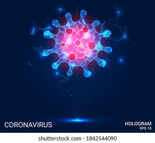 El holograma del coronavirus. Coronavirus de polígonos, triángulos de puntos y líneas. El virus es una estructura compuesta de bajo contenido de pólvora. El concepto tecnológico
