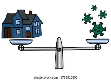 Coronavirus and home. Balance balance for weighing economic decisions. Color vector illustration. Isolated white background. Financial crisis. Cartoon style. Medicine and real estate. Cottage.