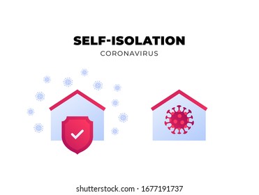 Coronavirus and home self-isolation quarantine concept. Vector flat illustration. Set of building sign with red shield and virus symbol. Design element for medicine infographic, ui, presentation.