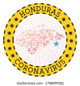 Coronavirus in Honduras sign. Round badge with shape of Honduras. Yellow country lockdown emblem with title and virus signs. Vector illustration.