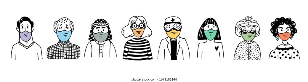 Coronavirus horizontal banner or cover. Novel coronavirus covid-19, people in medical face masks. Spread of the virus, pandemic. Vector flat style illustration