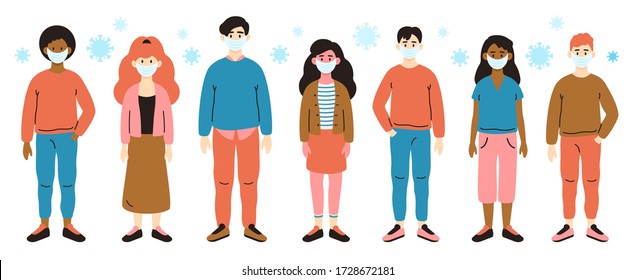 Coronavirus human disease. People in white medical face mask, coronavirus quarantine and pandemic risk isolated vector illustration set