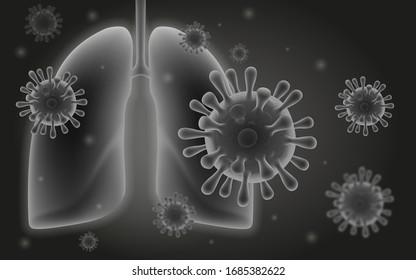 Coronavirus and human lungs. Respiratory infection causing pneumonia and lung disease. Vector illustration in realistic 3D style.