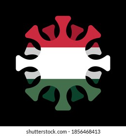 Coronavirus in Hungary. Microbe COVID-2019 in Hungarian flag. World epidemic. Pandemic. Country in lockdown