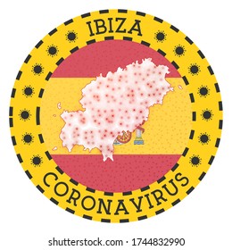 Coronavirus in Ibiza sign. Round badge with shape of Ibiza. Yellow island lockdown emblem with title and virus signs. Vector illustration.