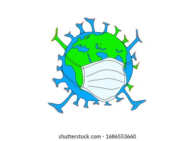 Coronavirus icon combine with Earth and mouth masks on white background isolated. Corona virus 2019-nCoV. Influenza pandemic. Vector
