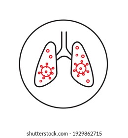 Coronavirus icon design with infected lungs and virus microscopic. Lungs breathe with covid-19. Pneumonia, asthma, tuberculosis, cancer, respiratory syndrome, coronavirus infection Vector illustration