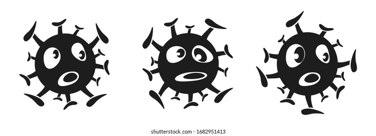 Coronavirus icon with funny faces. Black and white silhouette of microbes, molecules. Cartoon concept