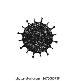 Coronavirus icon. Grunge texture. Virus disease symbol. Influenza epidemic texture logo. Covid-19 sign. Black silhouette isolated on white background. Vector illustration image.