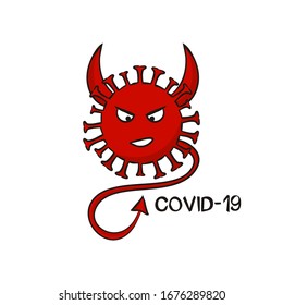 Coronavirus icon in the image of a angry devil with horns and tail. Angry red COVID-19.  No Infection and Stop Coronavirus Concepts. Isolated Vector Icon