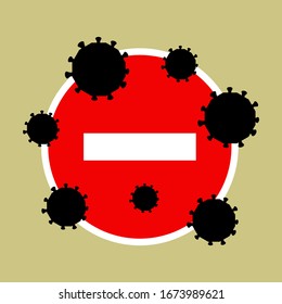 A coronavirus icon with a no-drive sign. New coronavirus bacteria. No infections and stop the concept of coronavirus. Isolated silhouette vector icon.