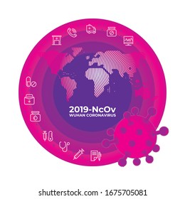 Coronavirus Icon with pink circle, world map, and medical icon around circle. 2019-nCoV Novel Coronavirus Bacteria. No Infection and Stop Coronavirus Concepts. Dangerous Coronavirus Cell in China